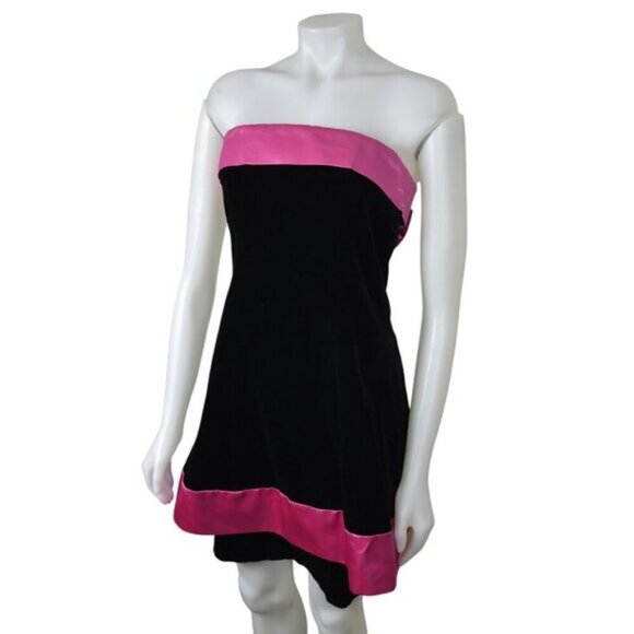 Vintage Y2K Liliane H Paris Velvet Dress Pink Satin Bow Strapless Size 8 - Picture 3 of 11